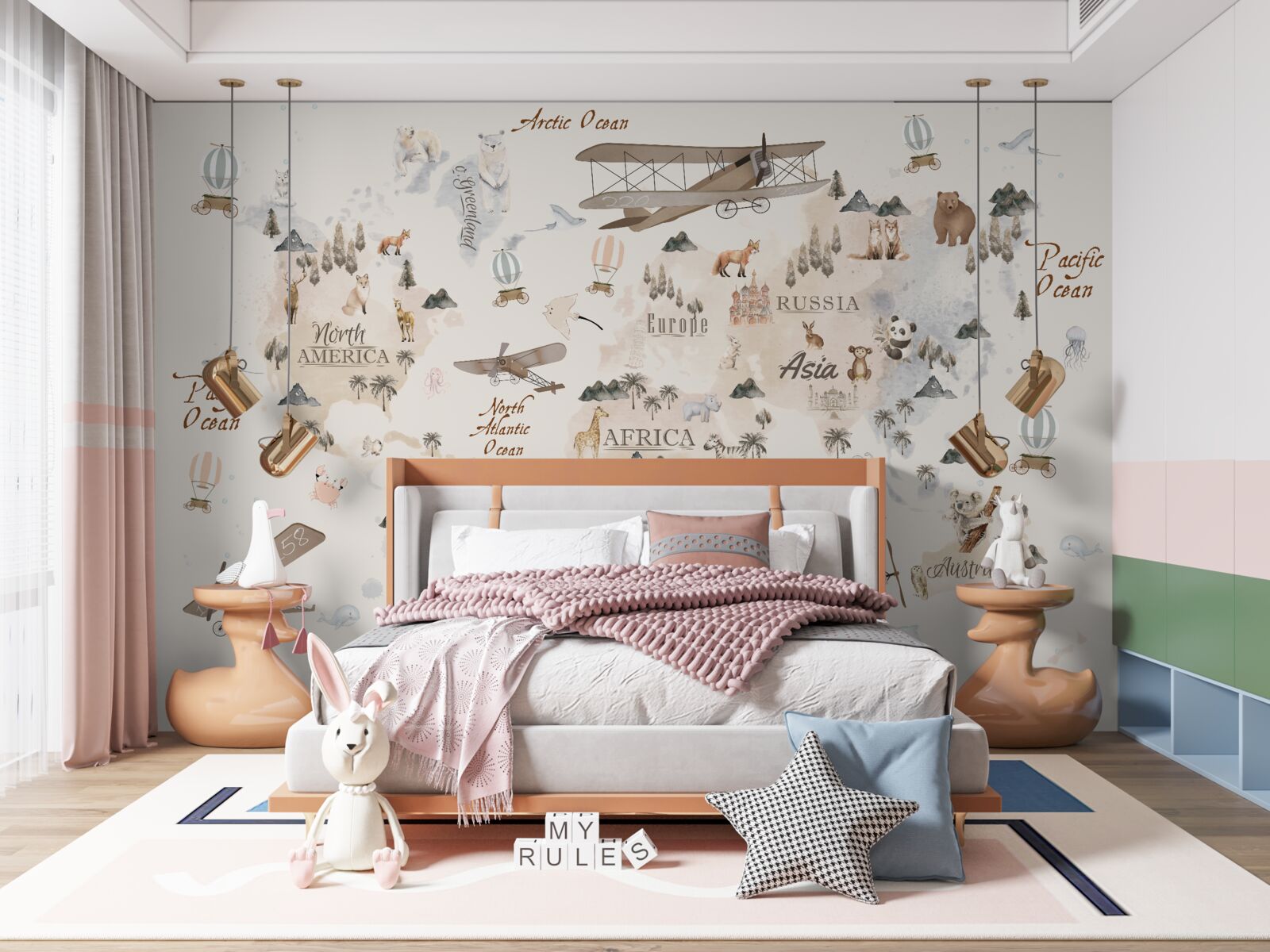 Fototapeta mapa świata z wizerunkami różnych zwierząt i środków transportu