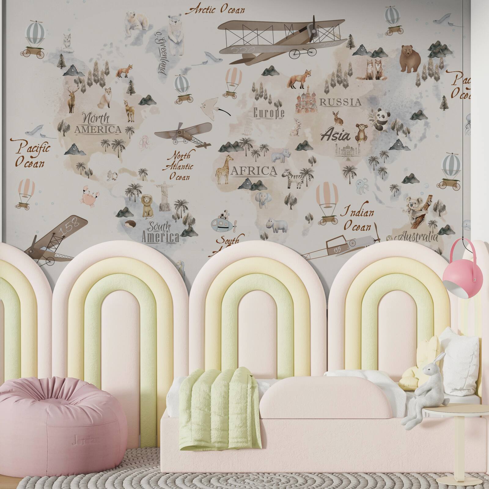 Fototapeta mapa świata z wizerunkami różnych zwierząt i środków transportu