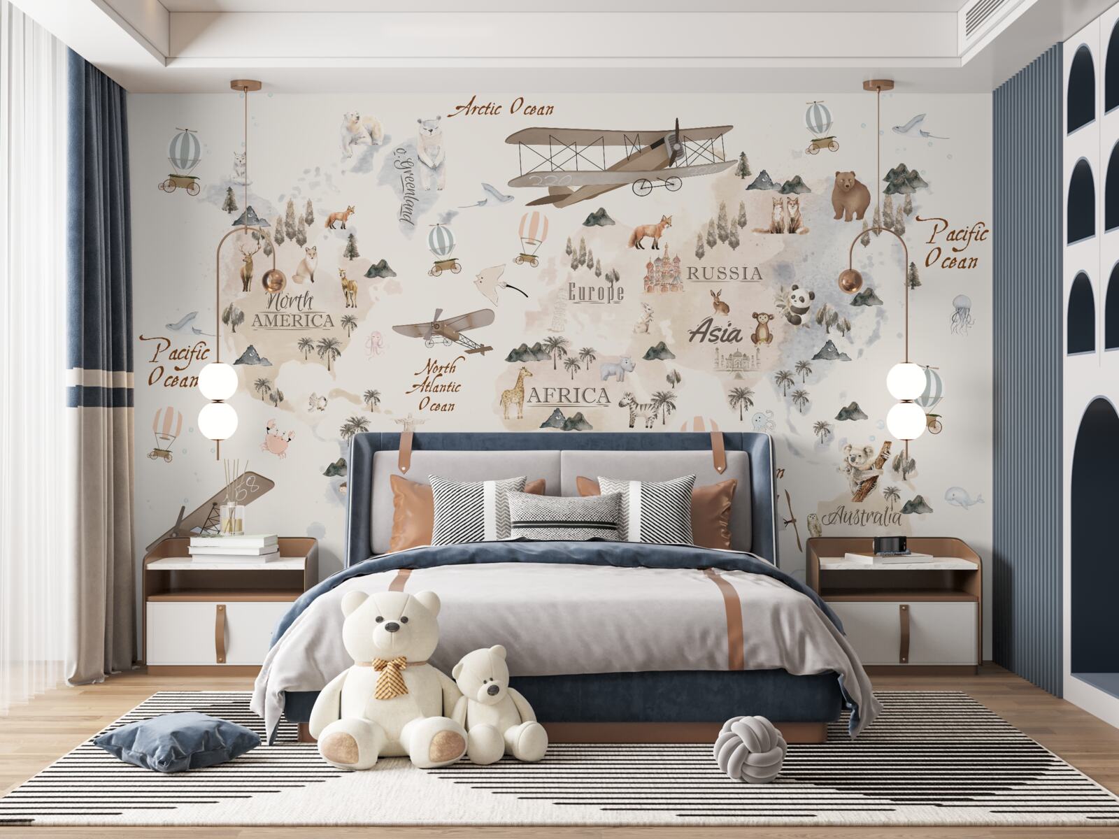 Fototapeta mapa świata z wizerunkami różnych zwierząt i środków transportu