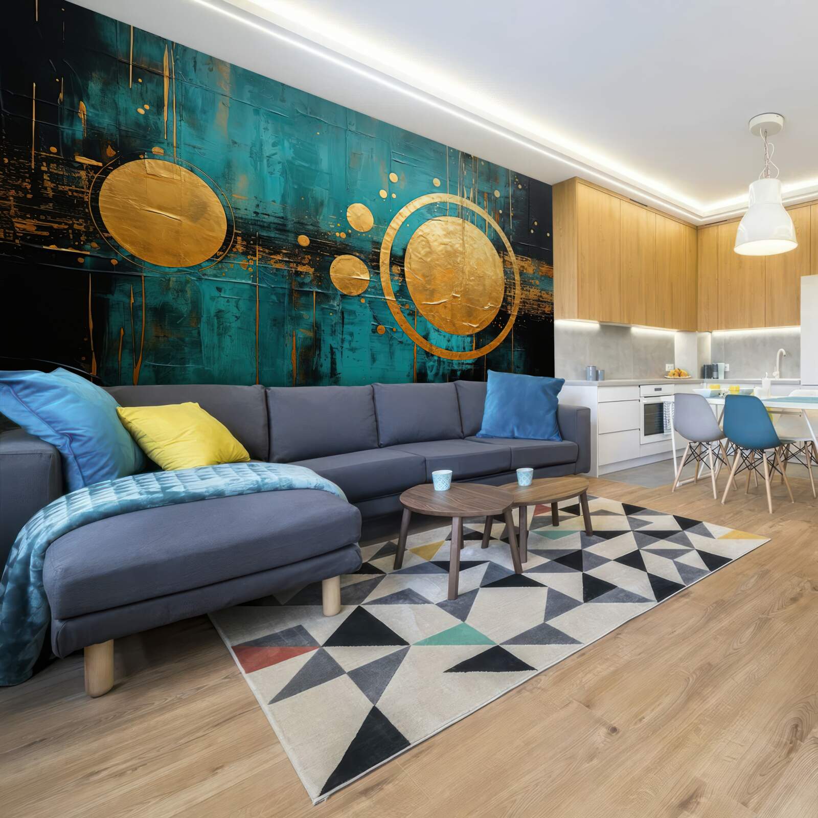 Fototapeta turkusowe tło ze złotymi kółkami