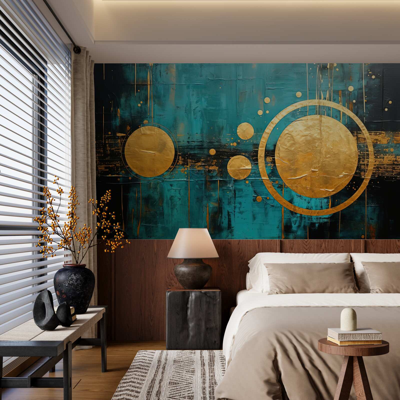 Fototapeta turkusowe tło ze złotymi kółkami