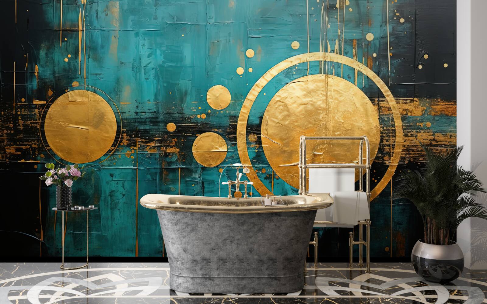 Fototapeta turkusowe tło ze złotymi kółkami