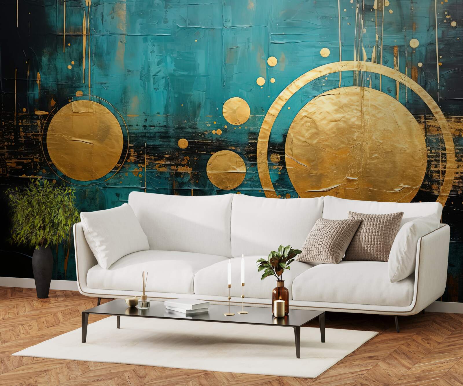 Fototapeta turkusowe tło ze złotymi kółkami