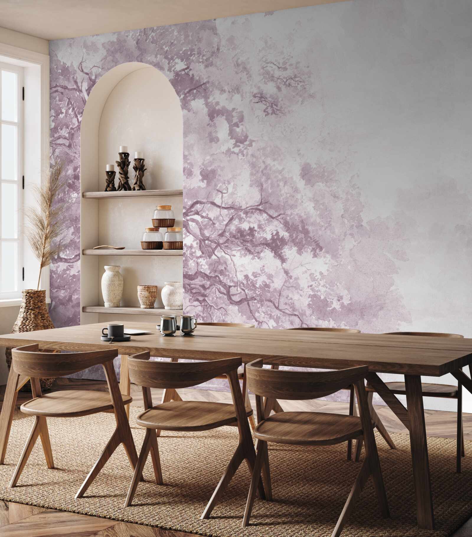 Fototapeta poranny las spowity jest mgłą