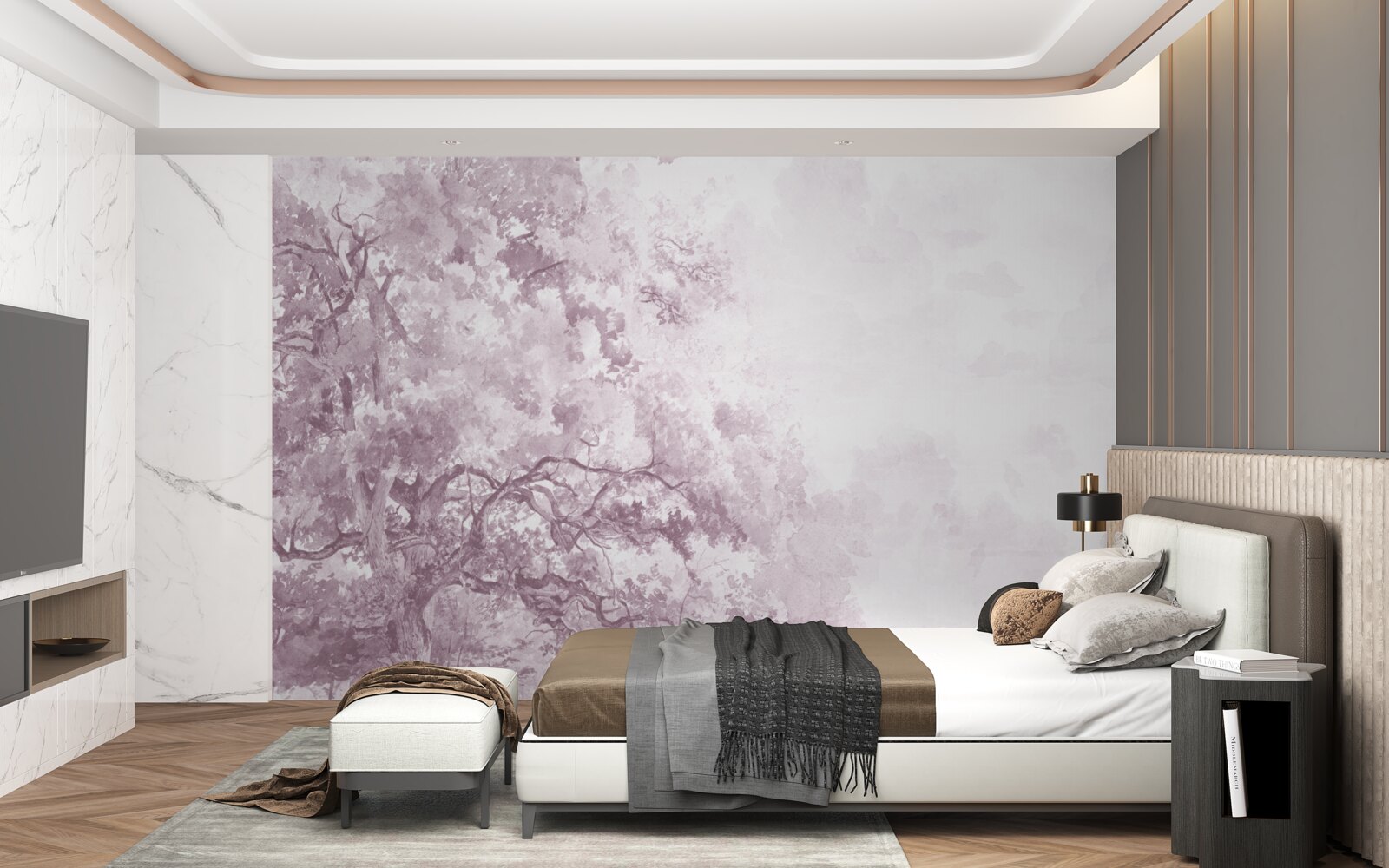 Fototapeta poranny las spowity jest mgłą