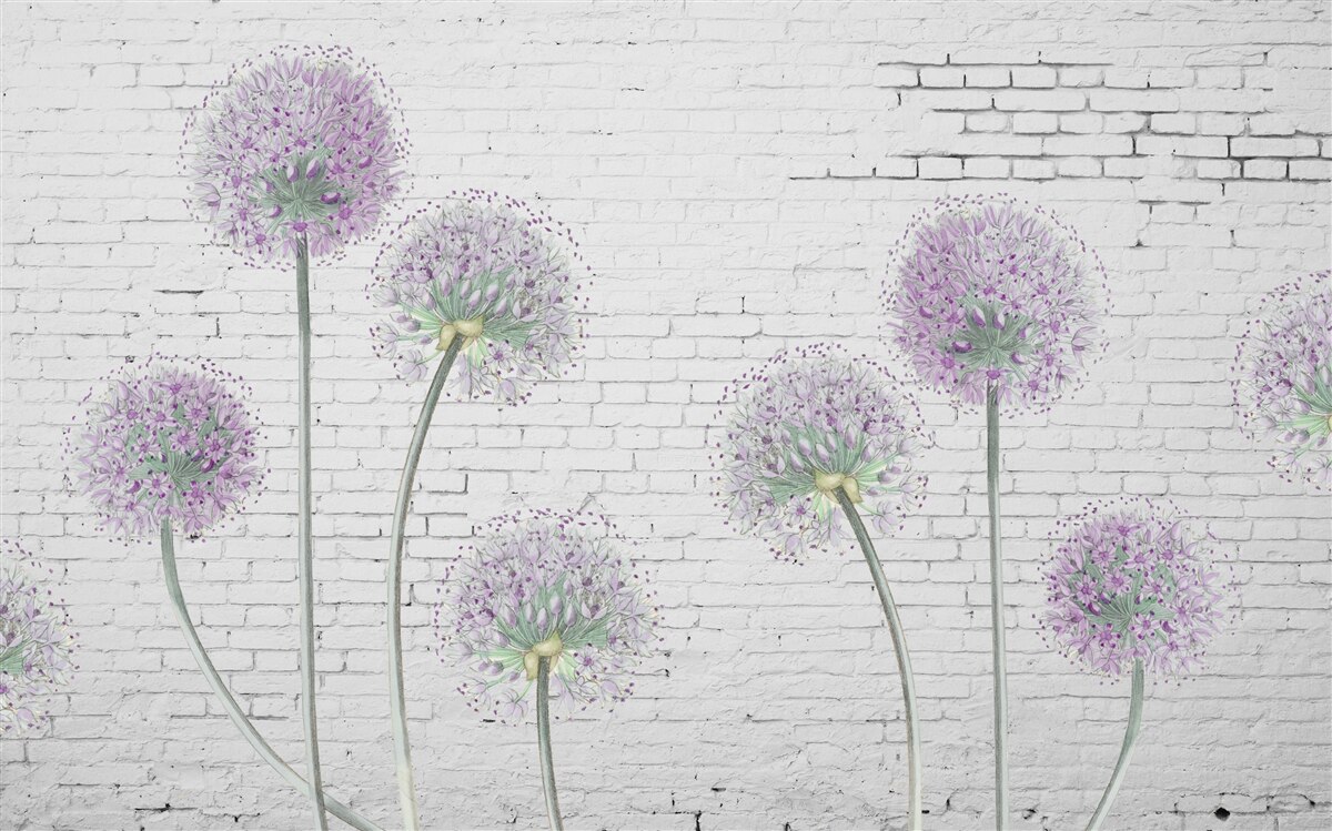 Fototapeta duże kwiaty mniszka lekarskiego na ścianie z cegły