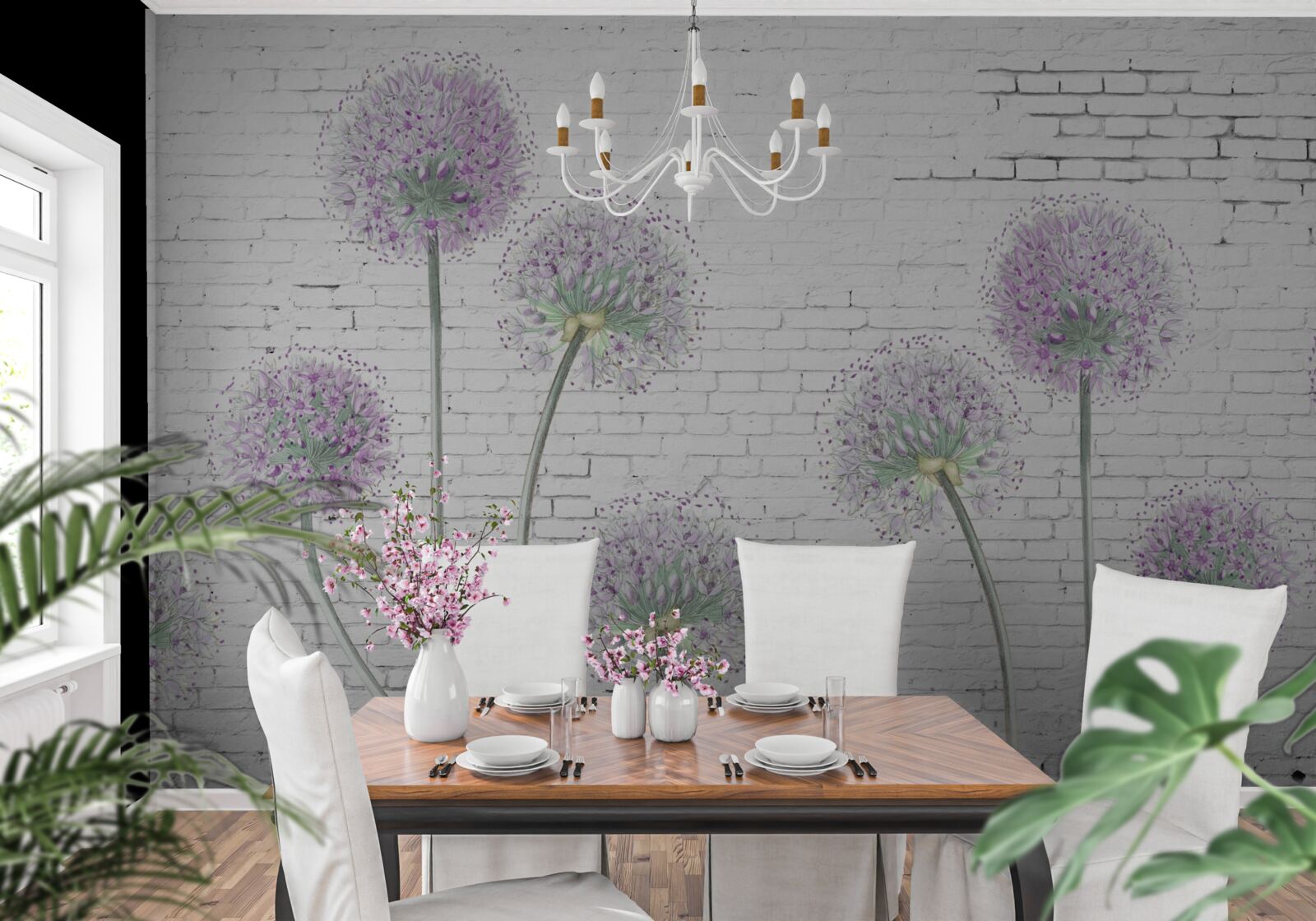 Fototapeta duże kwiaty mniszka lekarskiego na ścianie z cegły