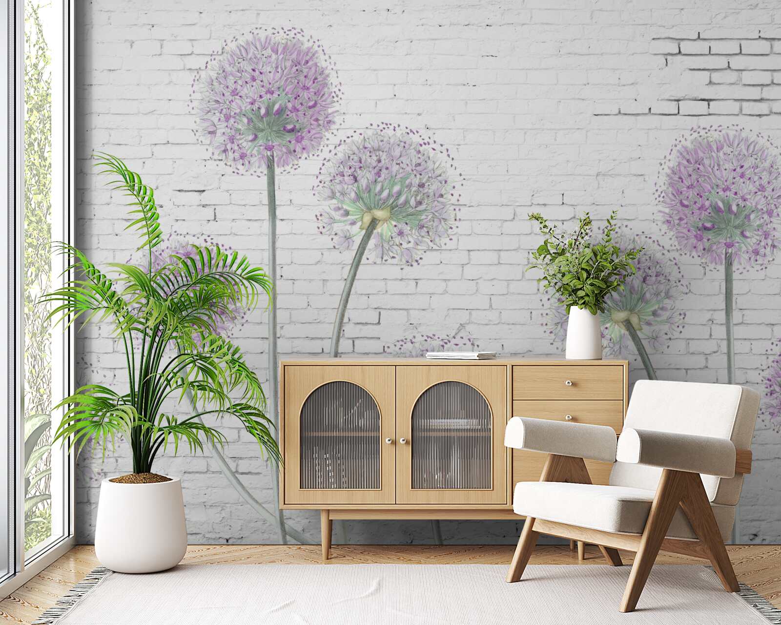 Fototapeta duże kwiaty mniszka lekarskiego na ścianie z cegły