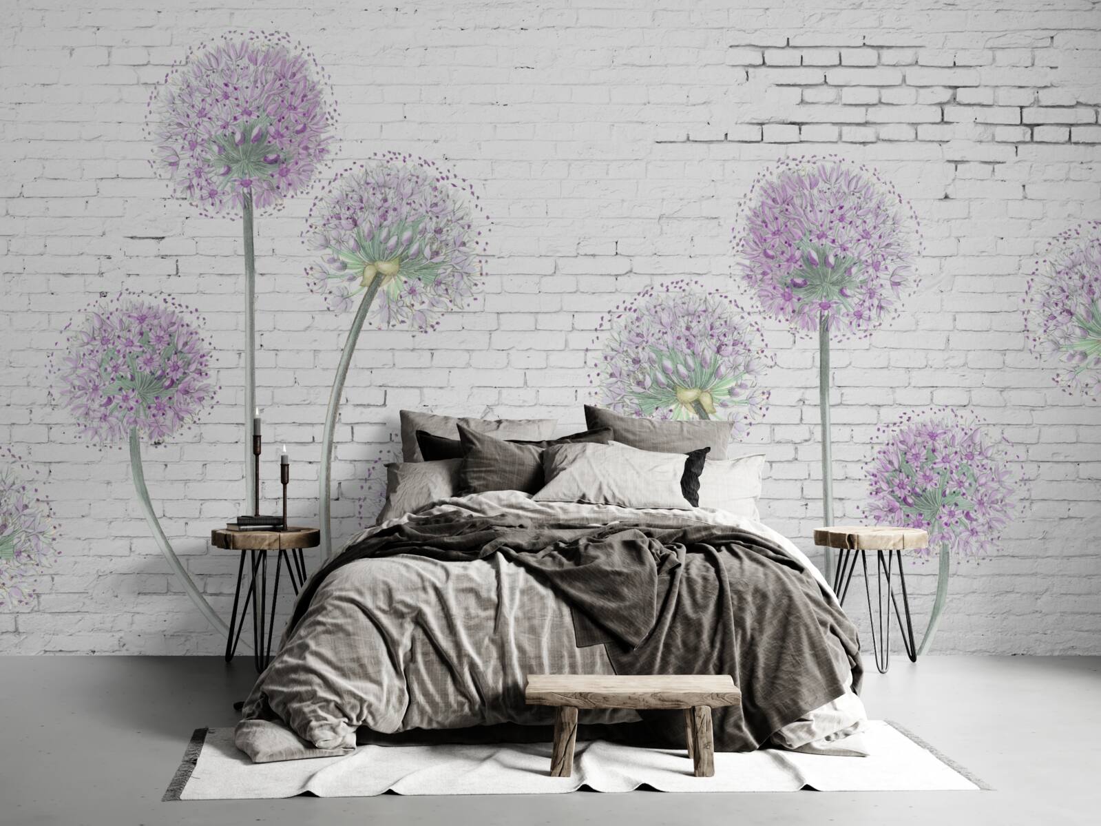 Fototapeta duże kwiaty mniszka lekarskiego na ścianie z cegły