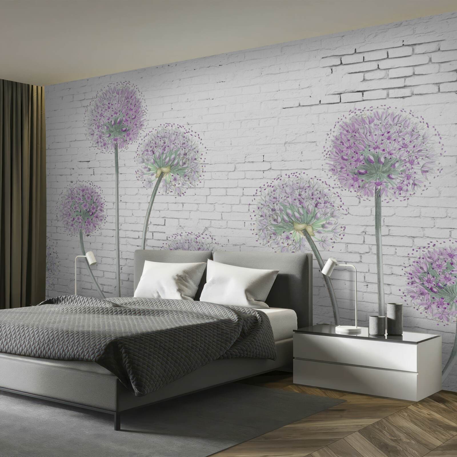 Fototapeta duże kwiaty mniszka lekarskiego na ścianie z cegły