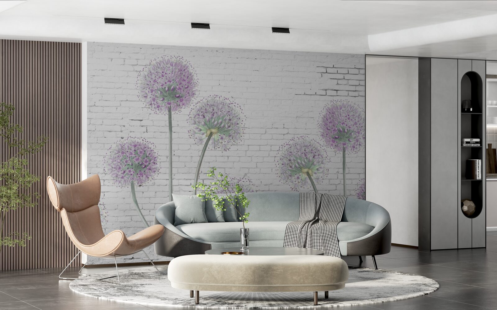 Fototapeta duże kwiaty mniszka lekarskiego na ścianie z cegły