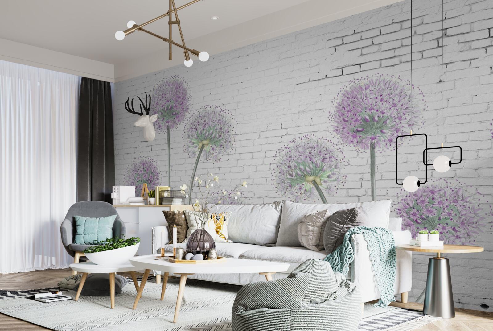 Fototapeta duże kwiaty mniszka lekarskiego na ścianie z cegły