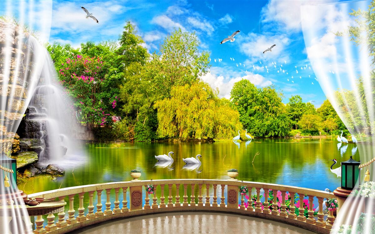 Fototapeta taras z pięknym widokiem na jezioro Łabędzie