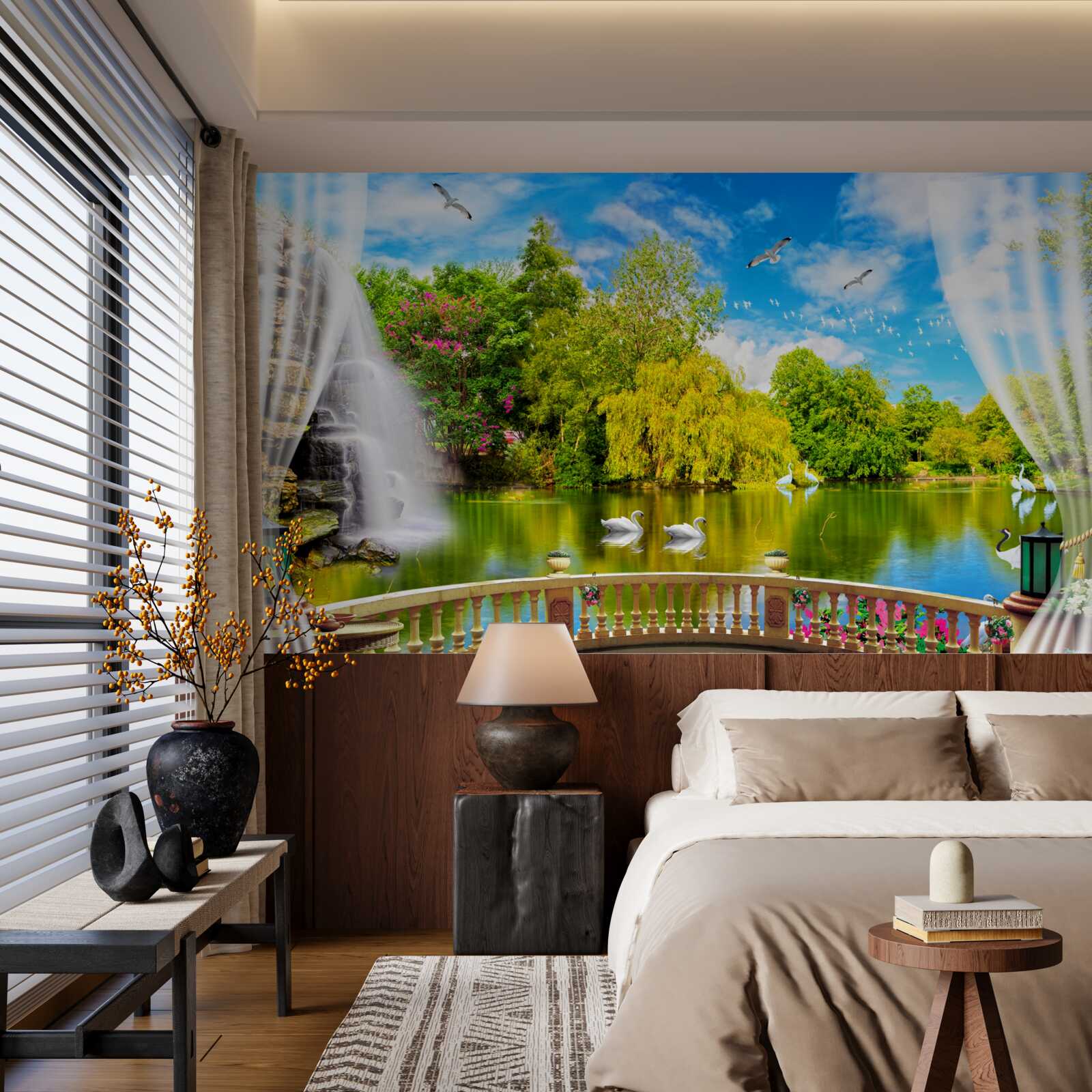 Fototapeta taras z pięknym widokiem na jezioro Łabędzie