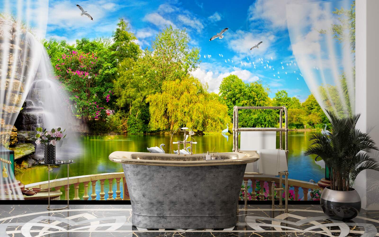 Fototapeta taras z pięknym widokiem na jezioro Łabędzie