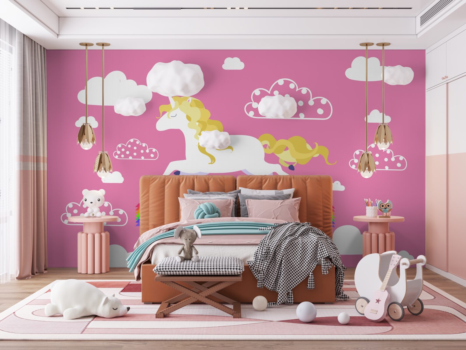 Fototapeta jednorożec ścigający się po tęczowym łuku