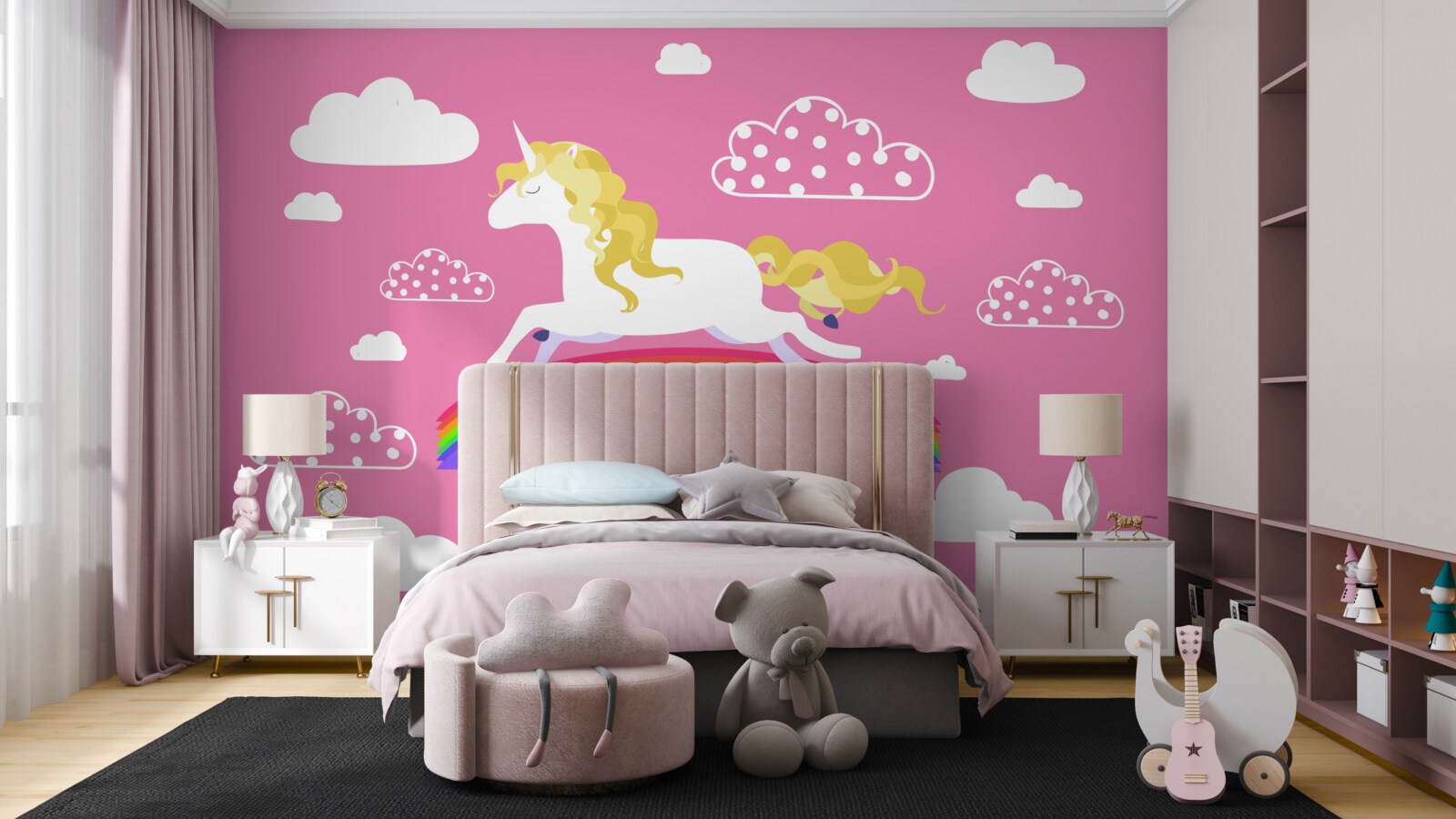 Fototapeta jednorożec ścigający się po tęczowym łuku