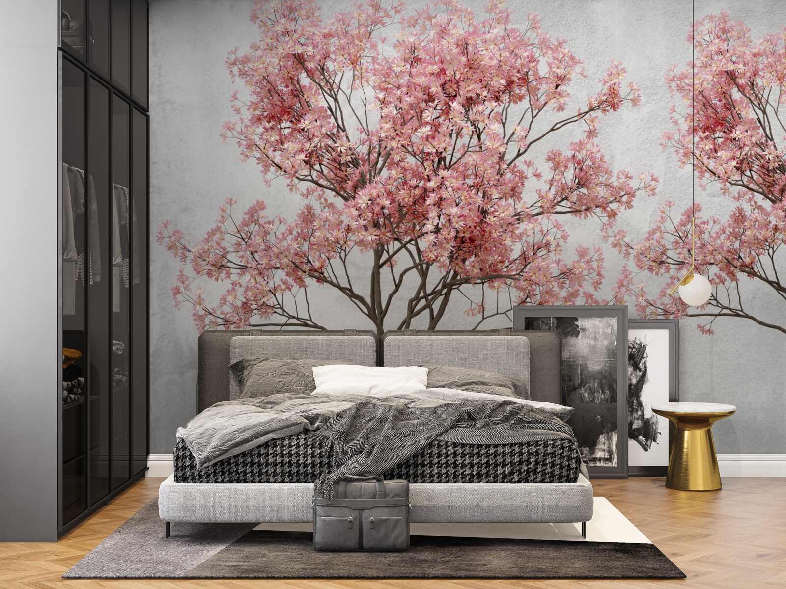 Fototapeta poranna mgła otacza różowe kwiaty sakury