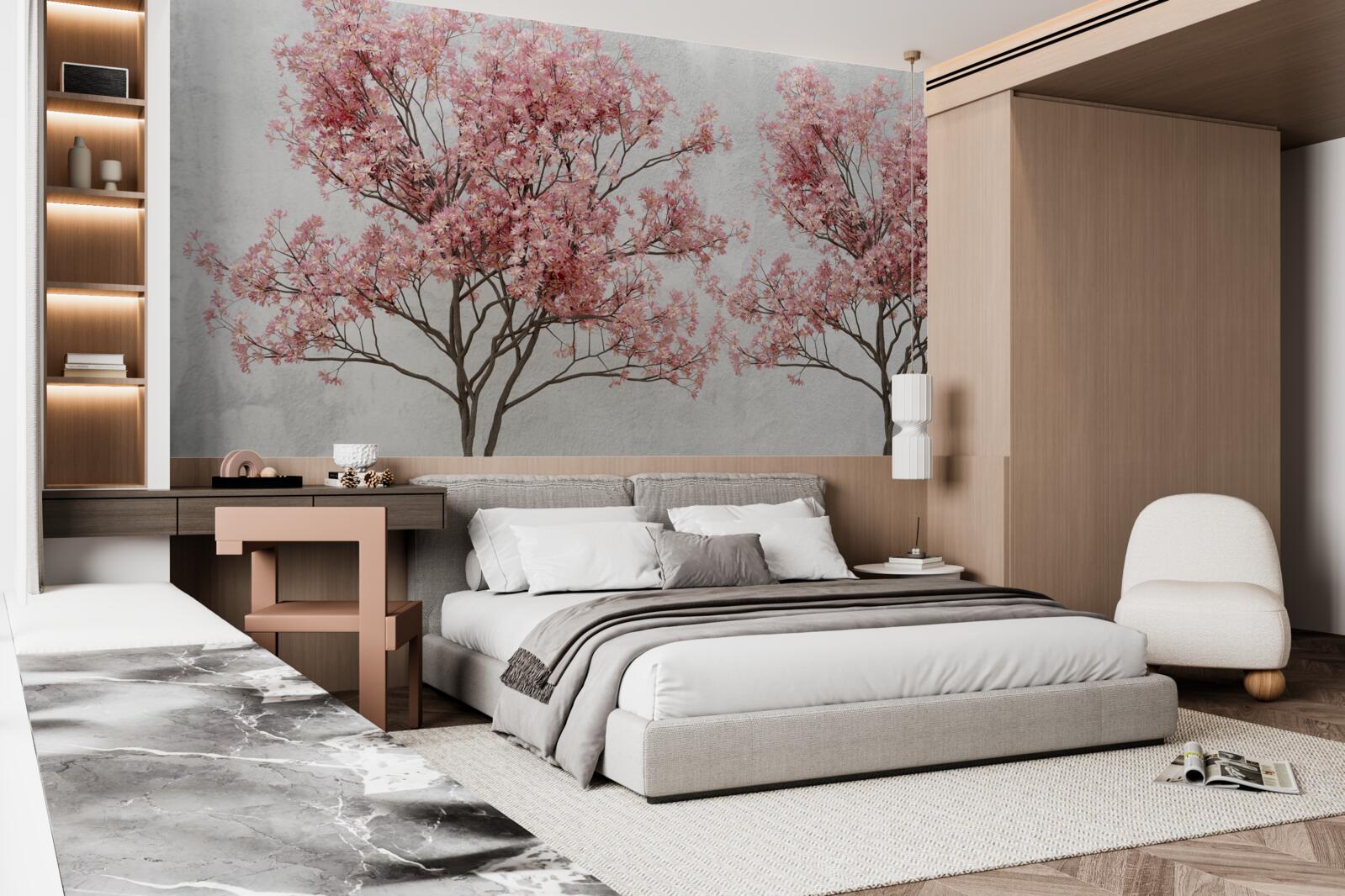 Fototapeta poranna mgła otacza różowe kwiaty sakury