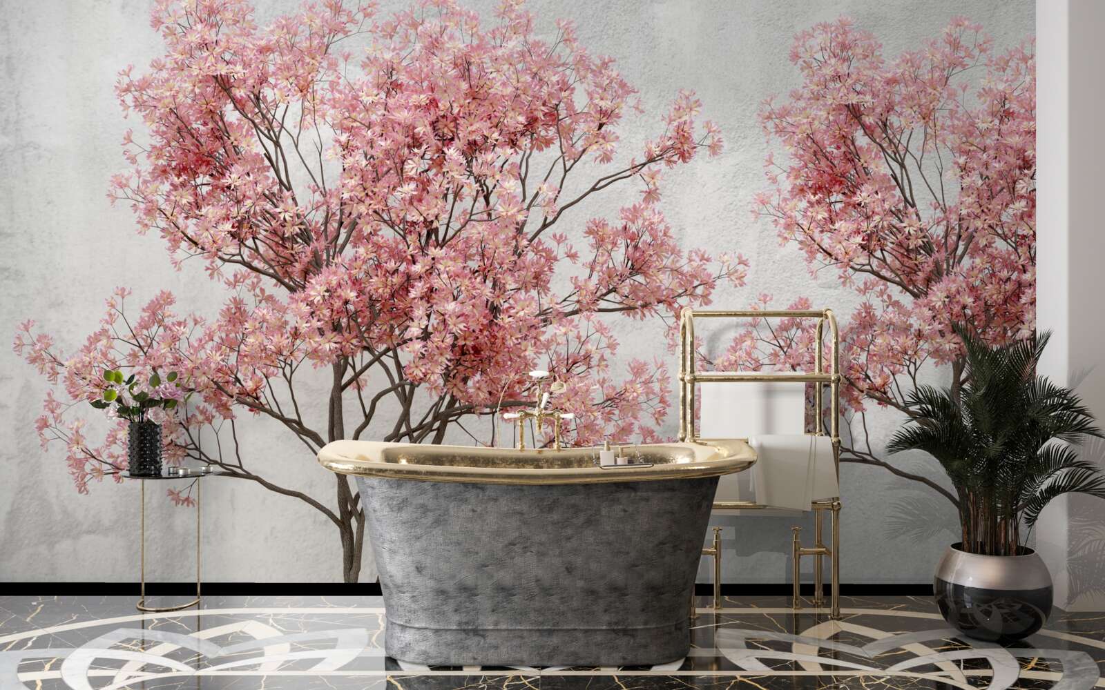 Fototapeta poranna mgła otacza różowe kwiaty sakury