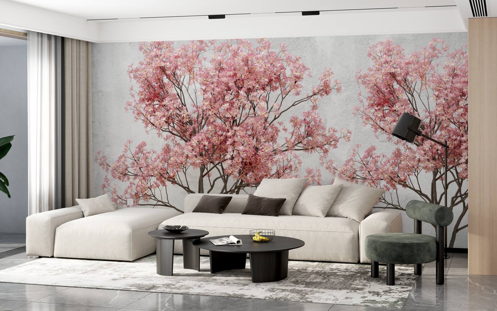 Fototapeta poranna mgła otacza różowe kwiaty sakury