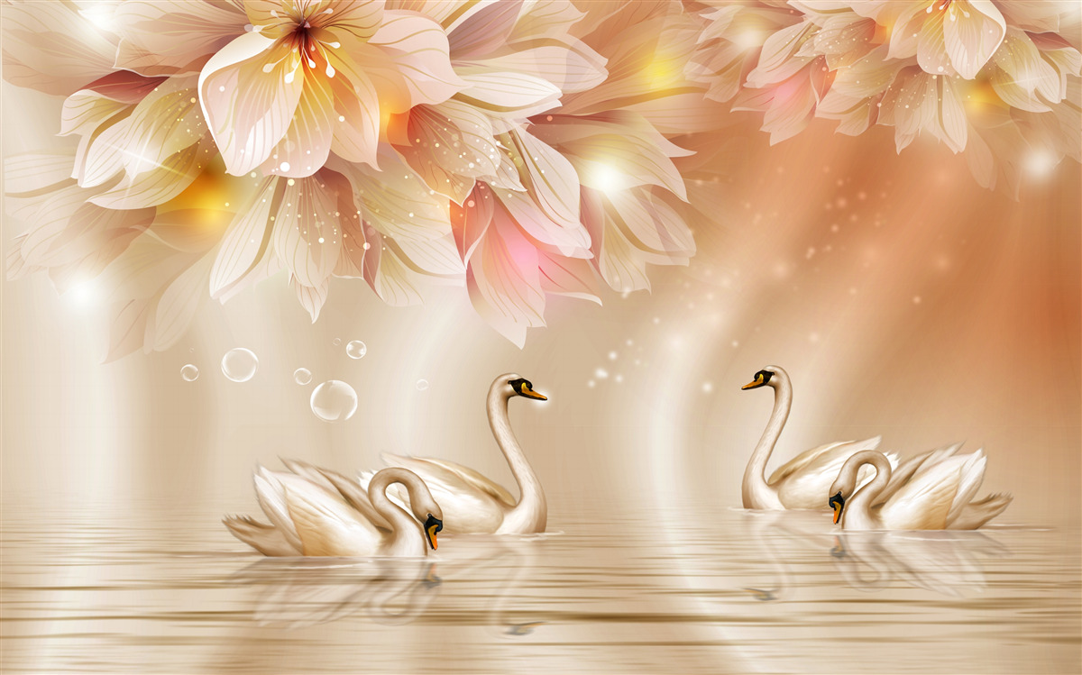 Fototapeta kwiaty i grupa wdzięcznych łabędzi na powierzchni wody