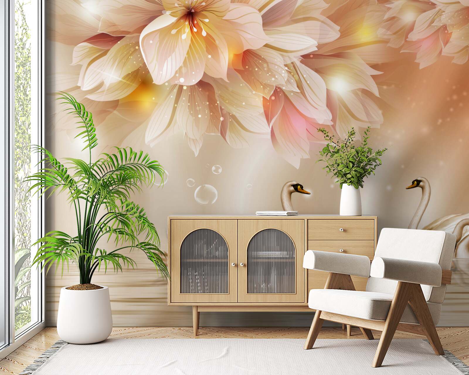 Fototapeta kwiaty i grupa wdzięcznych łabędzi na powierzchni wody