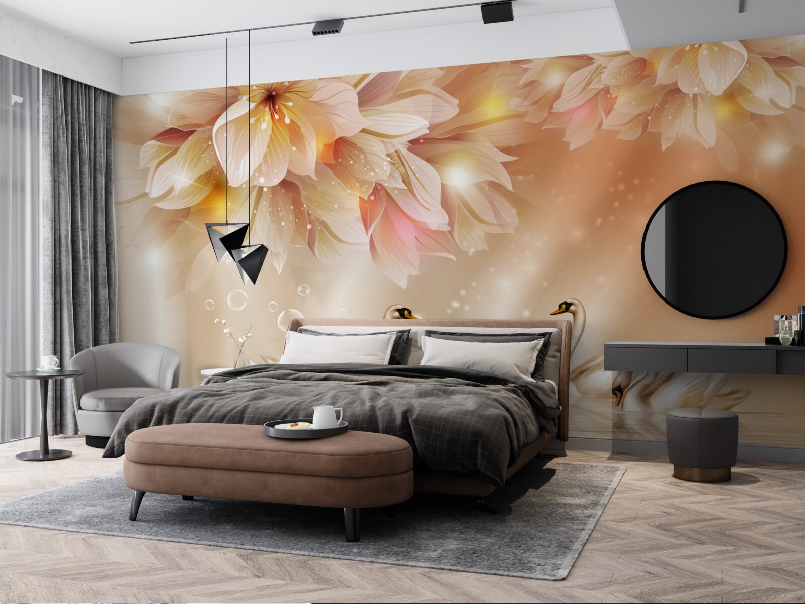 Fototapeta kwiaty i grupa wdzięcznych łabędzi na powierzchni wody