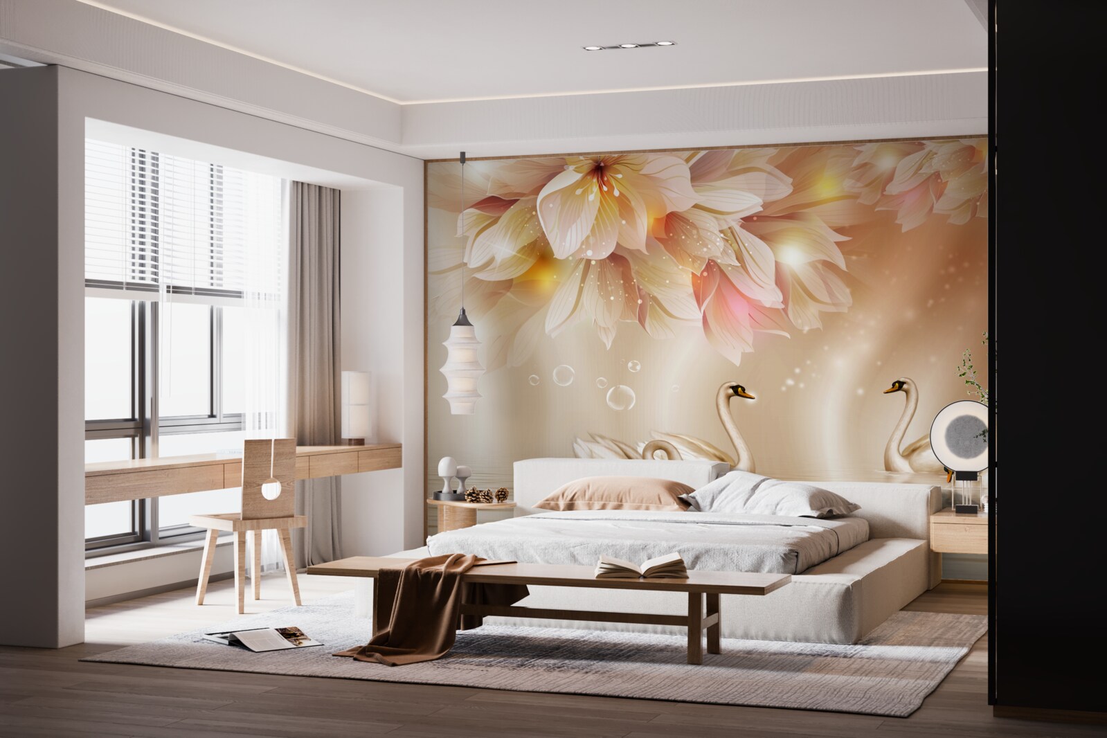 Fototapeta kwiaty i grupa wdzięcznych łabędzi na powierzchni wody