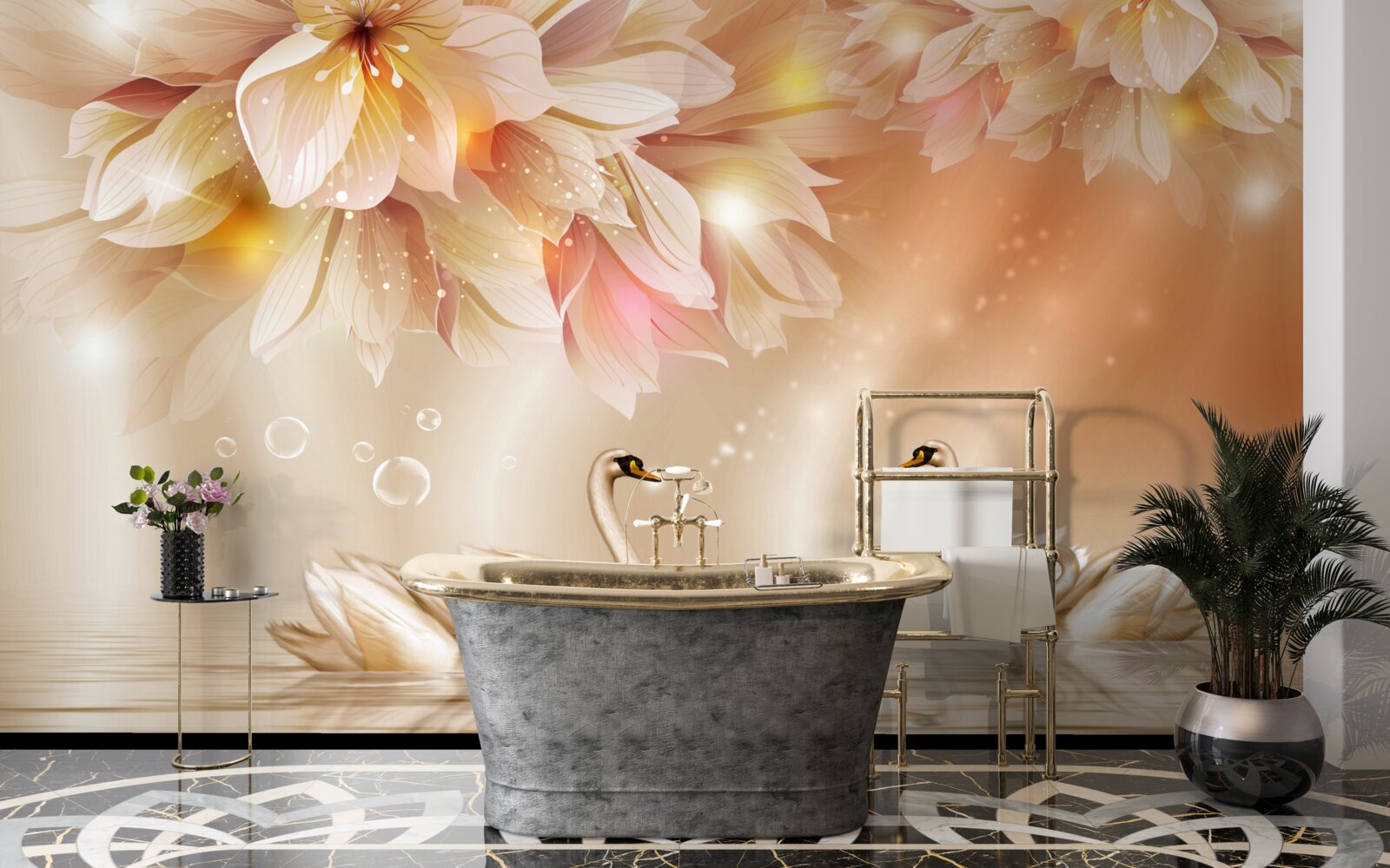 Fototapeta kwiaty i grupa wdzięcznych łabędzi na powierzchni wody