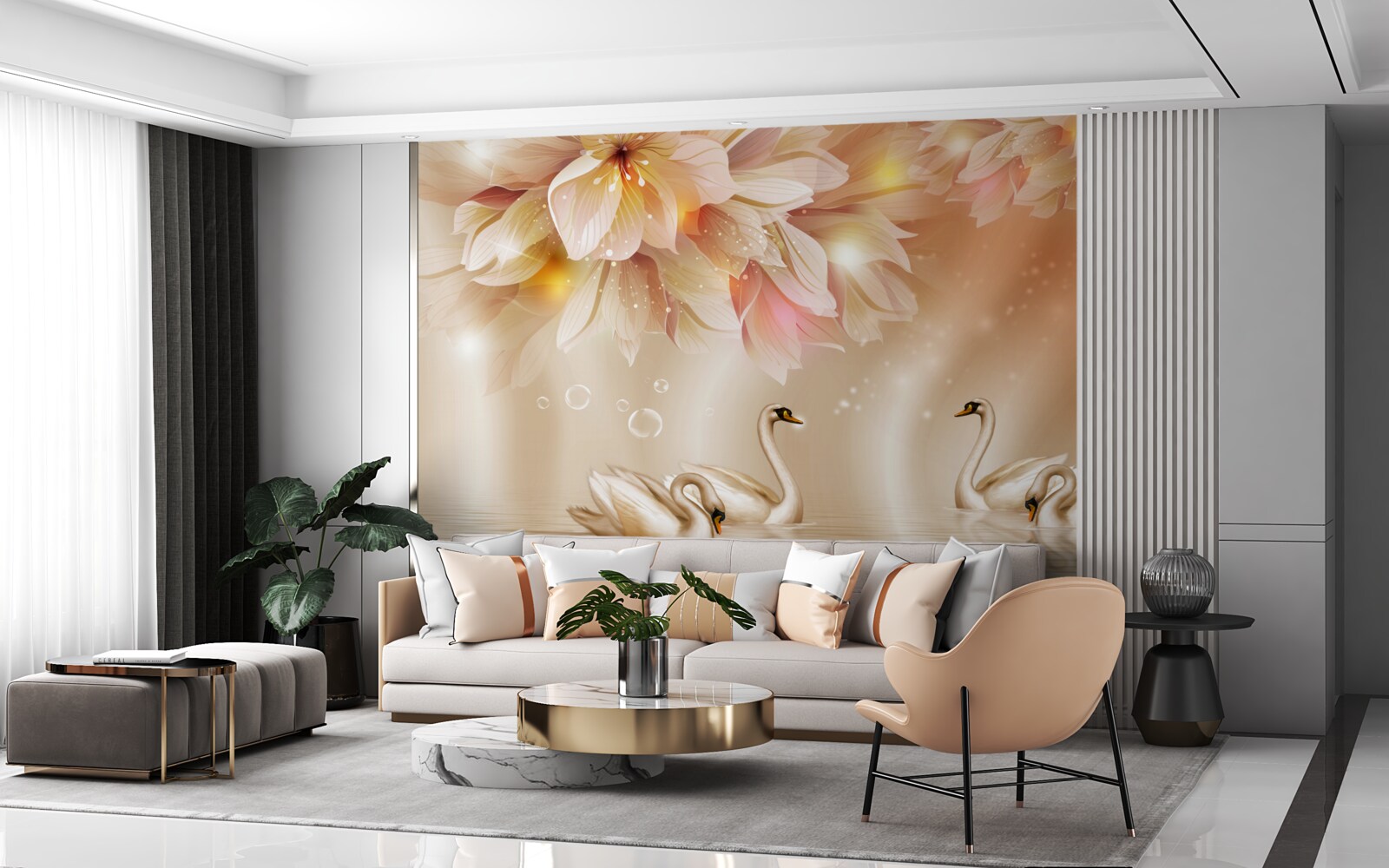 Fototapeta kwiaty i grupa wdzięcznych łabędzi na powierzchni wody