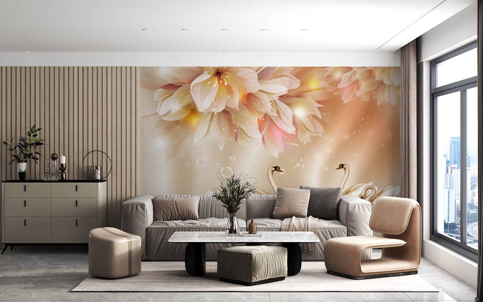 Fototapeta kwiaty i grupa wdzięcznych łabędzi na powierzchni wody