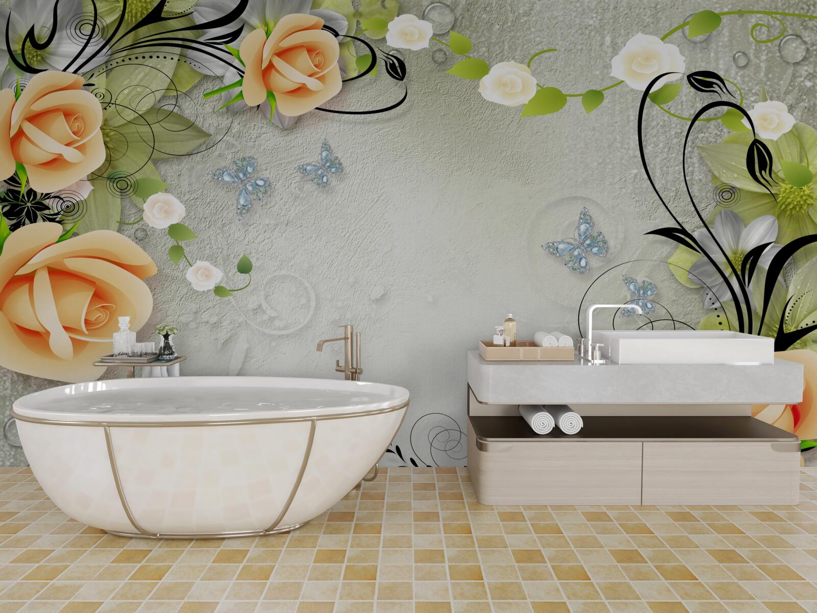 Fototapeta motyle na gałęziach róży brzoskwiniowej