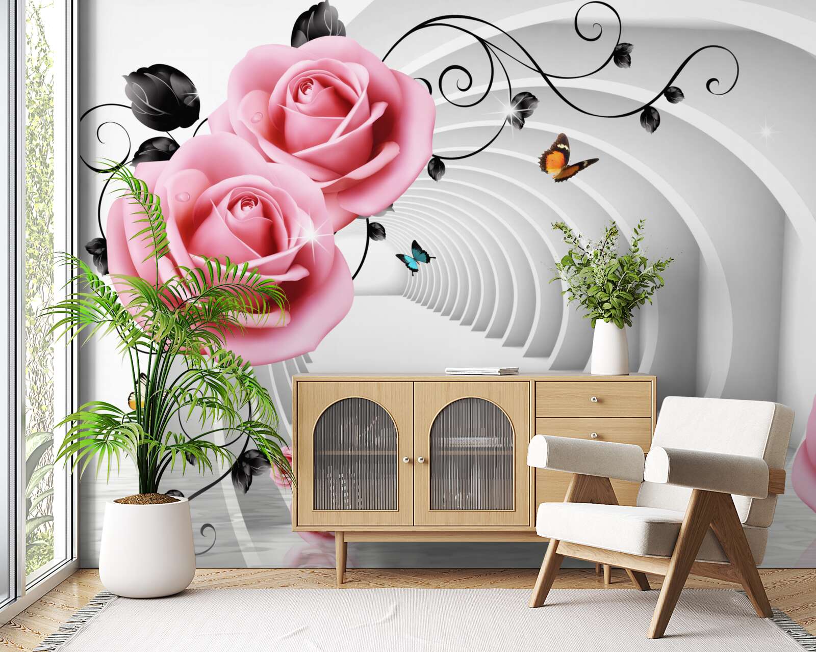 Fototapeta nieustanne świecące przejście i różowawe kwiaty róży