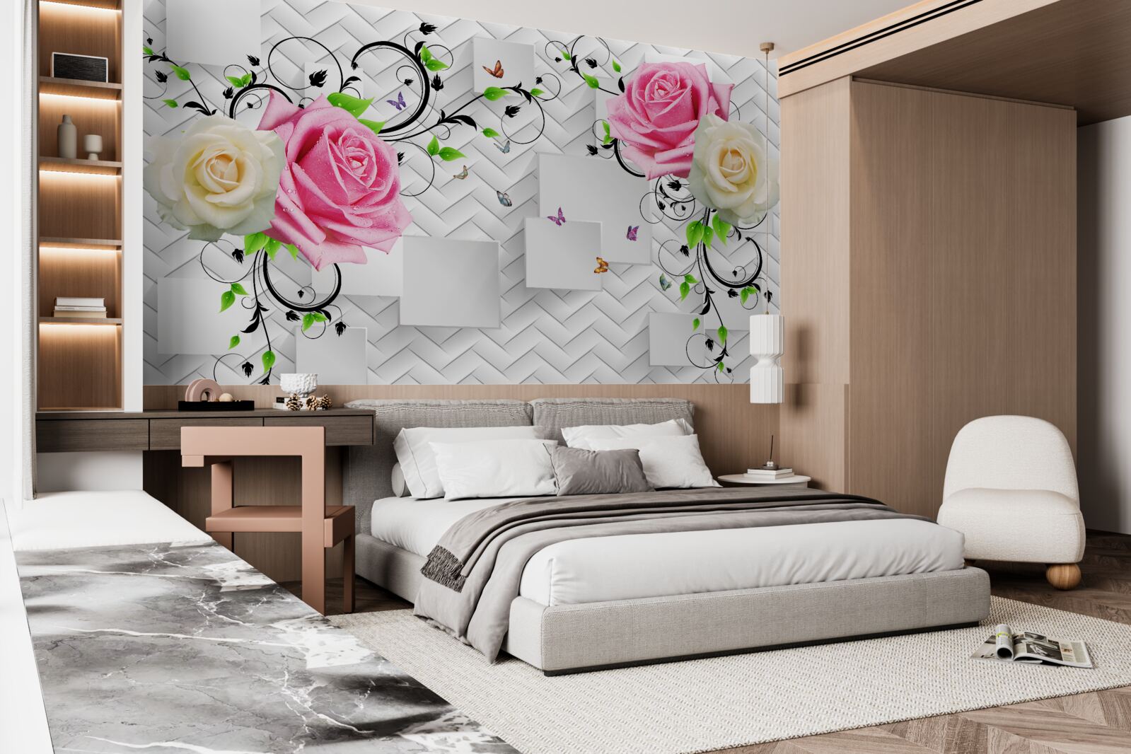 Fototapeta białe i różowe róże na abstrakcyjnym tle