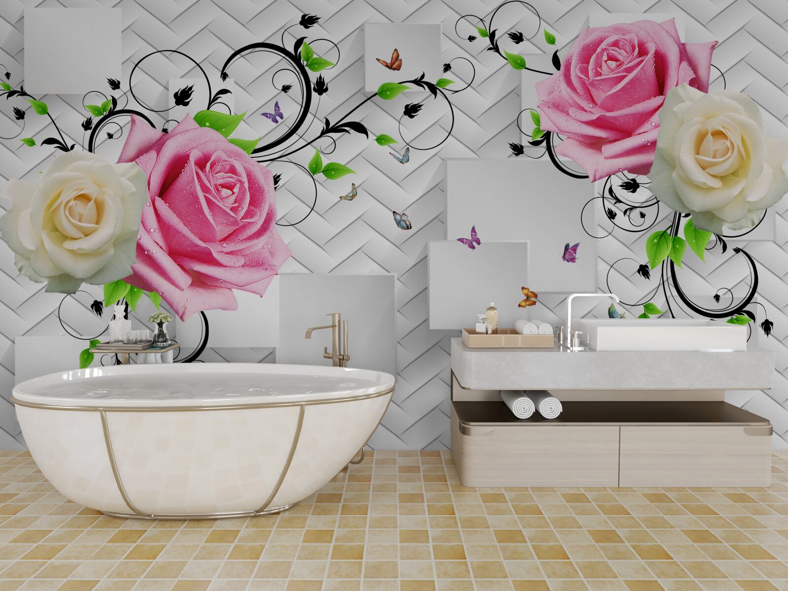 Fototapeta białe i różowe róże na abstrakcyjnym tle