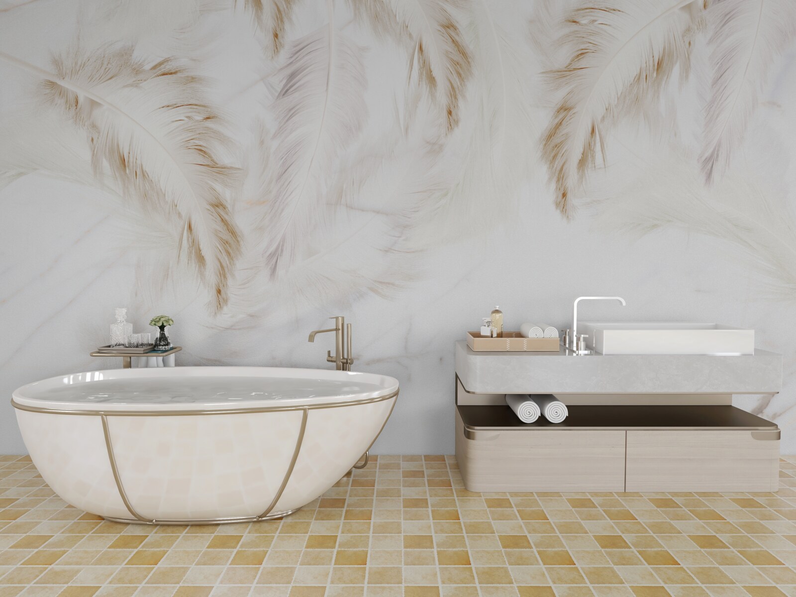 Fototapeta jasne tło ze złotymi, skomplikowanymi sekcjami piór