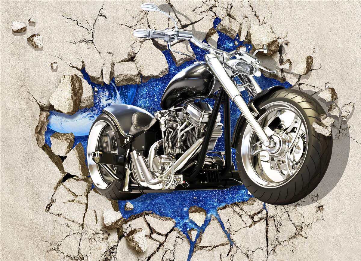 Fototapeta czarny motocykl przedstawiony na ścianie