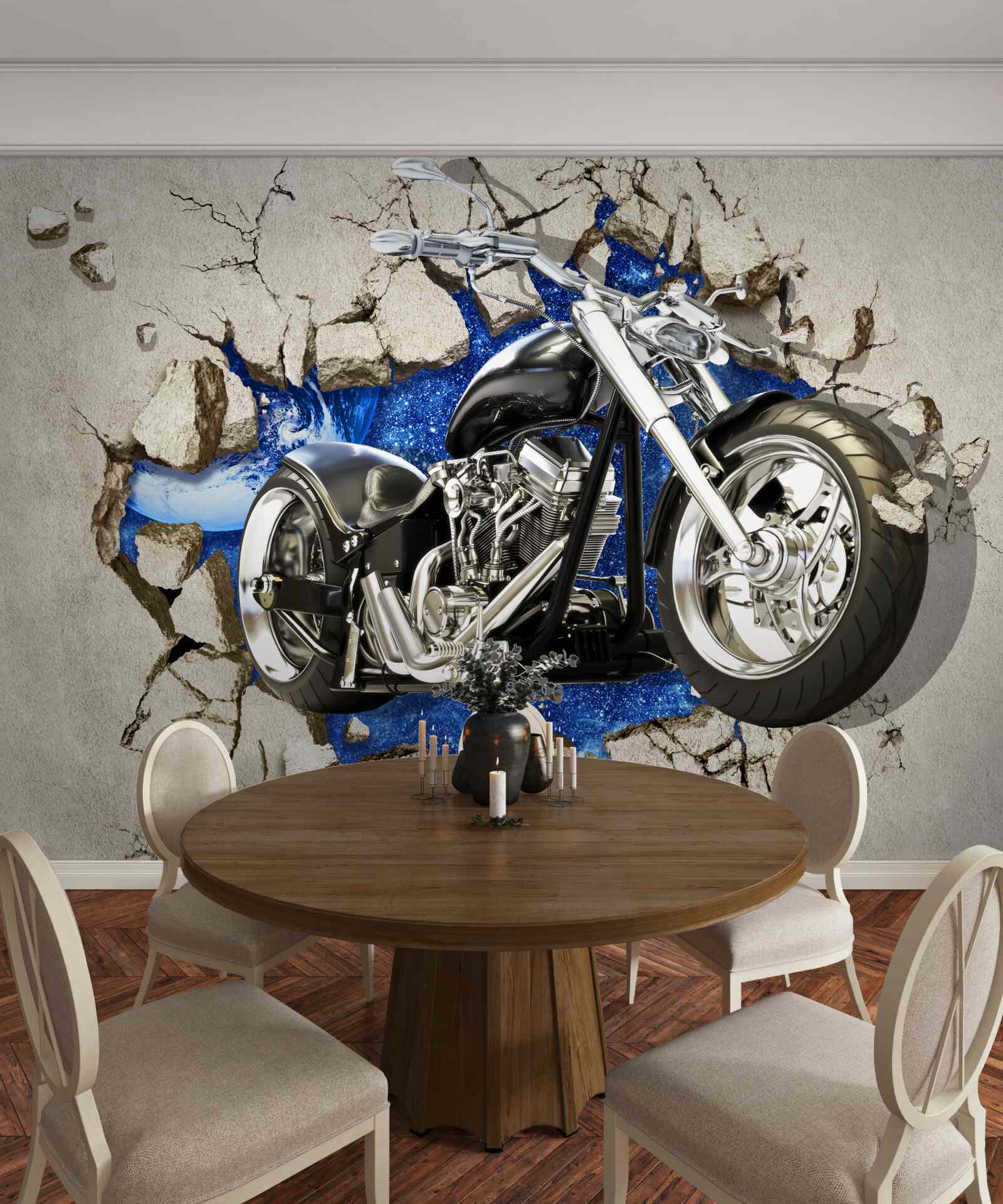 Fototapeta czarny motocykl przedstawiony na ścianie