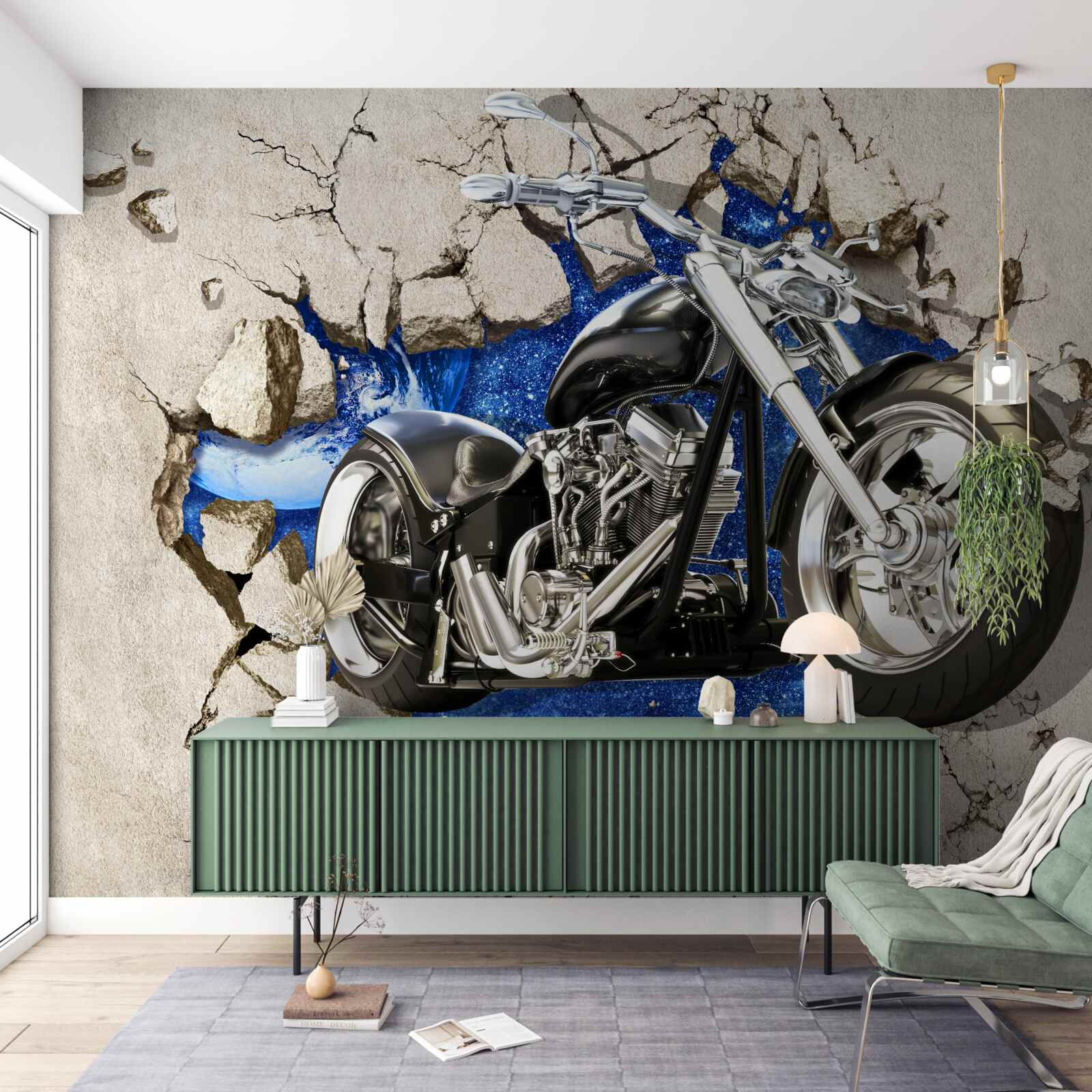 Fototapeta czarny motocykl przedstawiony na ścianie