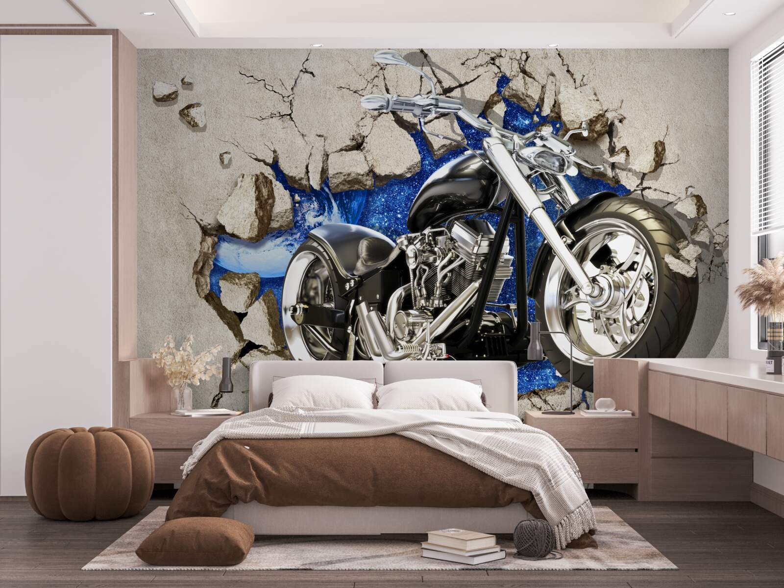 Fototapeta czarny motocykl przedstawiony na ścianie