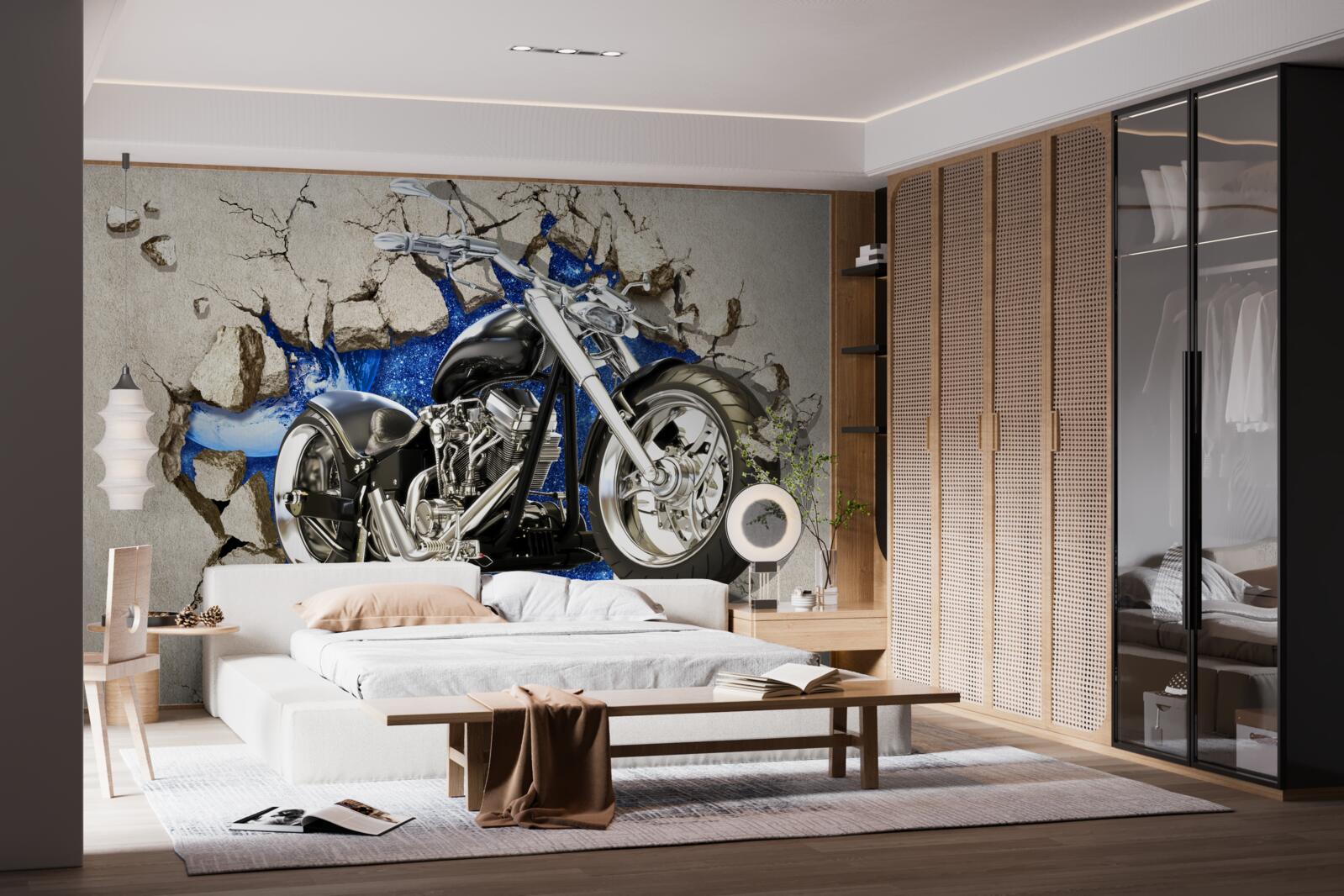 Fototapeta czarny motocykl przedstawiony na ścianie