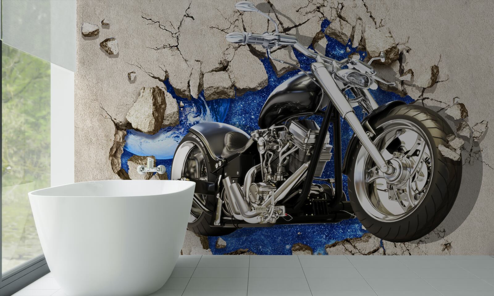 Fototapeta czarny motocykl przedstawiony na ścianie