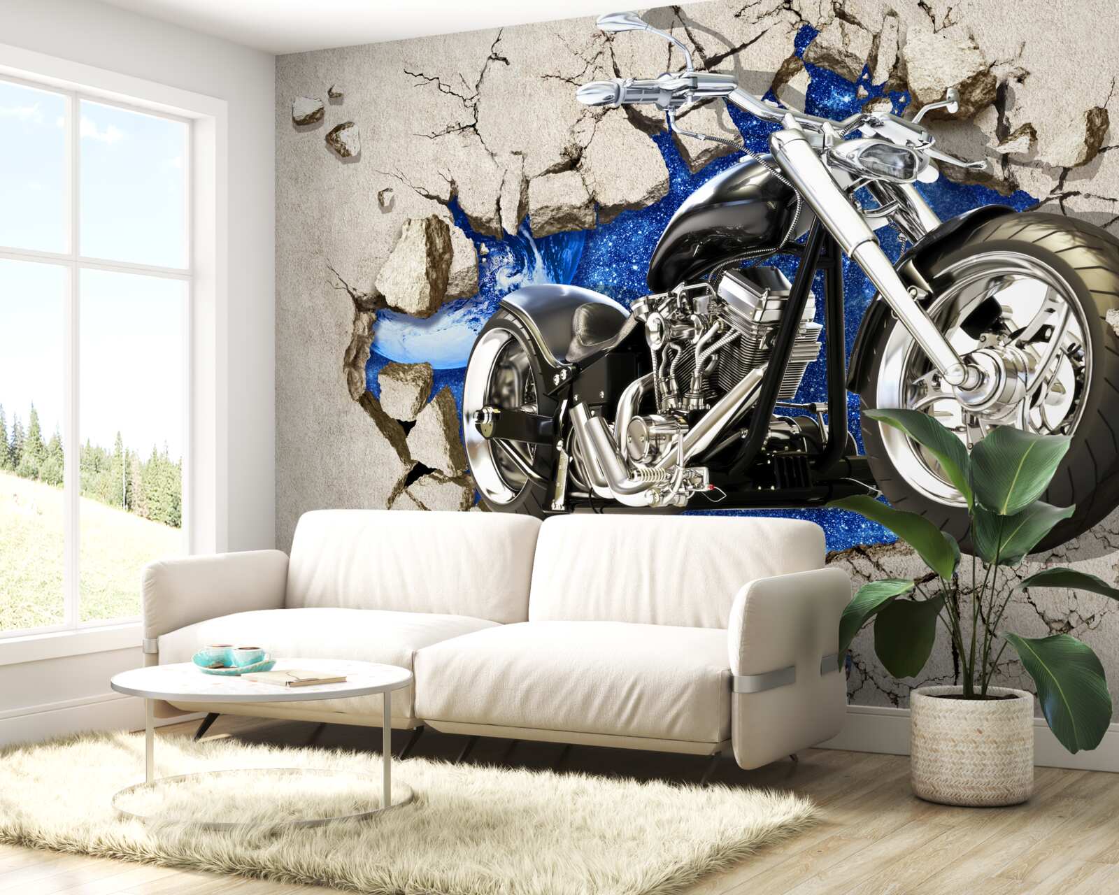 Fototapeta czarny motocykl przedstawiony na ścianie