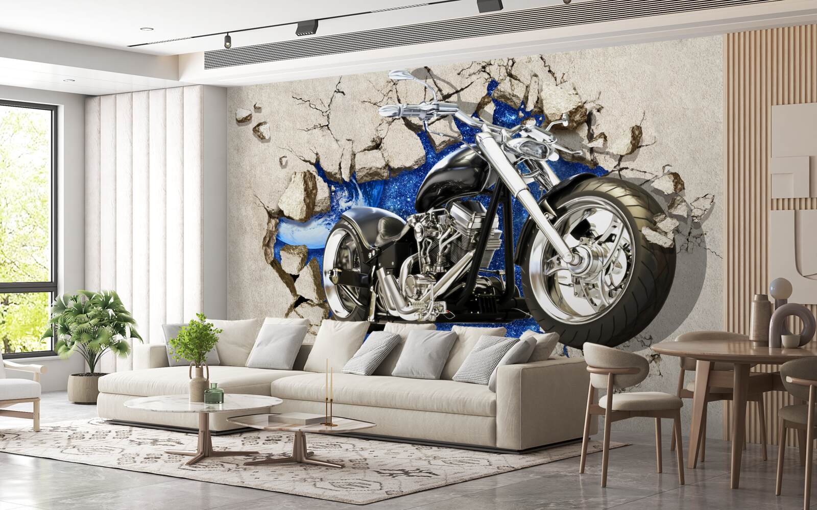 Fototapeta czarny motocykl przedstawiony na ścianie