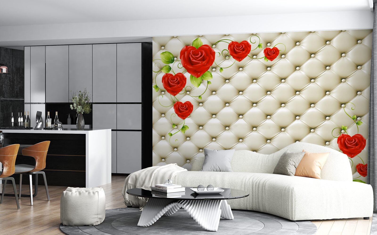 Fototapeta tekstura tkaniny z elementami dekoracyjnymi i czerwonymi różami