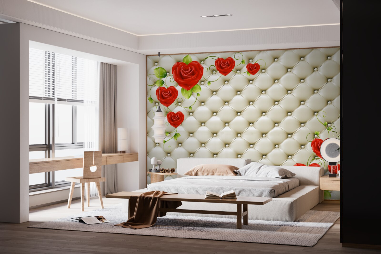 Fototapeta tekstura tkaniny z elementami dekoracyjnymi i czerwonymi różami