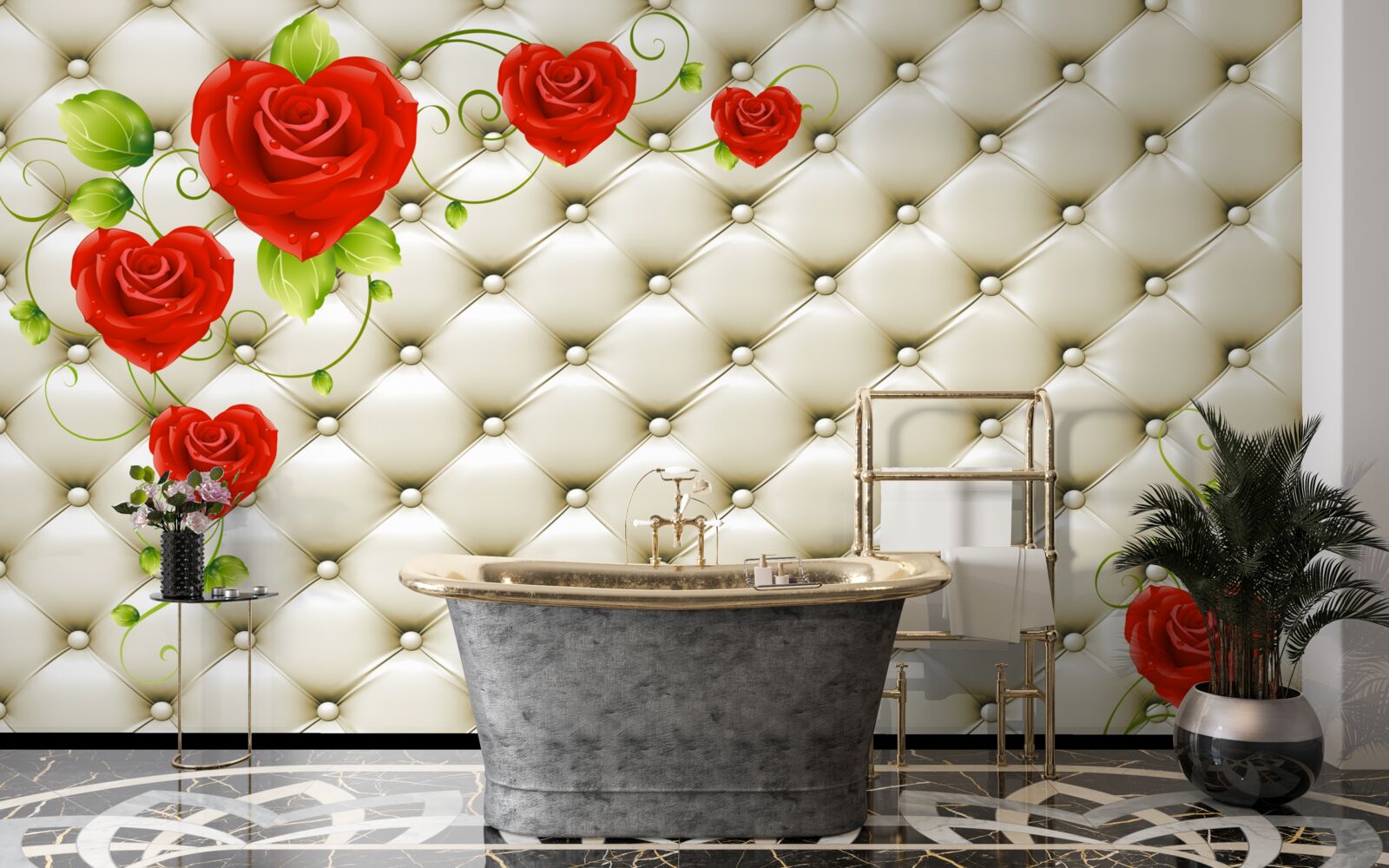 Fototapeta tekstura tkaniny z elementami dekoracyjnymi i czerwonymi różami