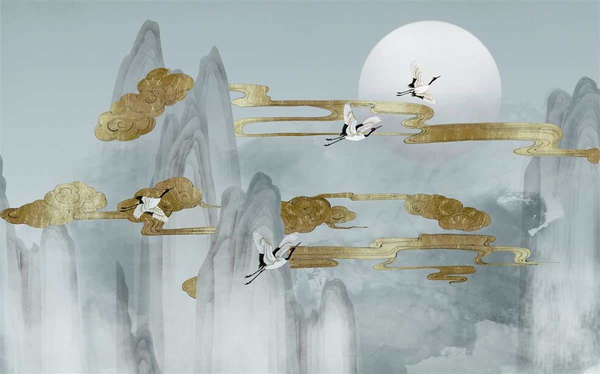 Fototapeta szare szczyty pozostają w tyle, gdy latają żurawie