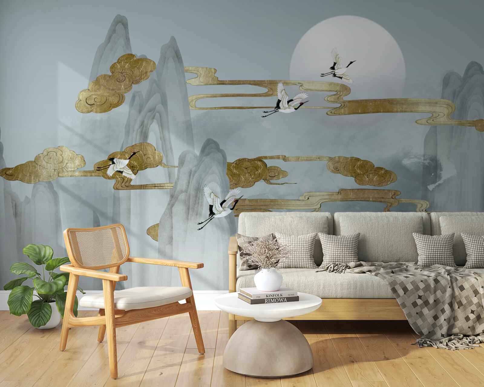 Fototapeta szare szczyty pozostają w tyle, gdy latają żurawie